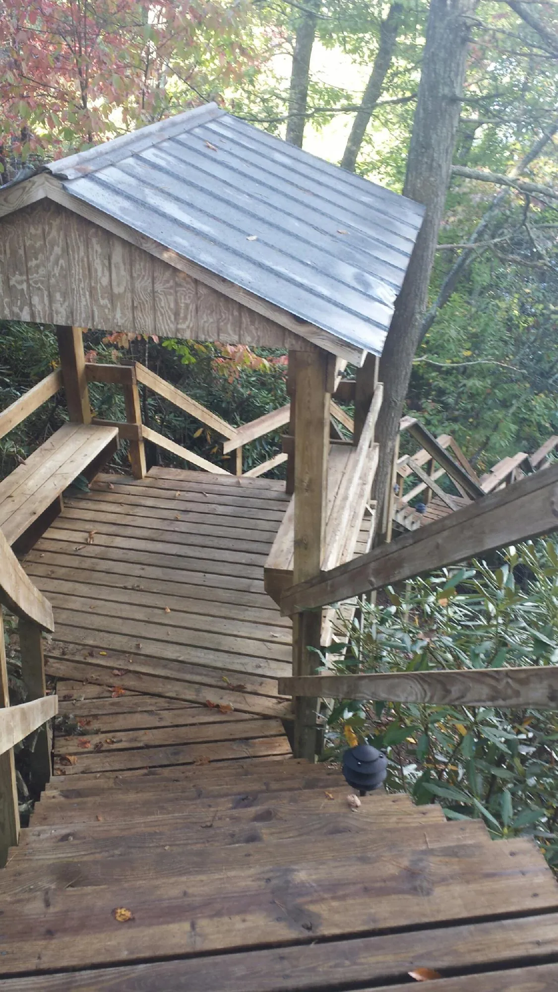 Metal roofed shelter over wooden steps on a wooded walkway — Skylight Repair & Installation work by our crew in Archer